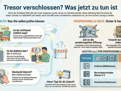 Infografik zeigt Schritt-für-Schritt, was Sie tun können, wenn ein Tresor verschlossen ist, der Schlüssel fehlt oder der Code vergessen wurde – inklusive Kostenübersicht.